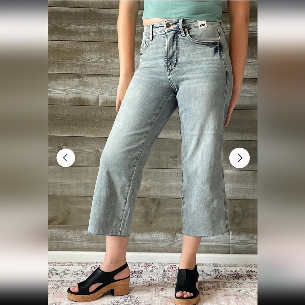 Judy Blue Mid Rise Tummy Control Raw Hem Wide Leg Crop Denim Jeans